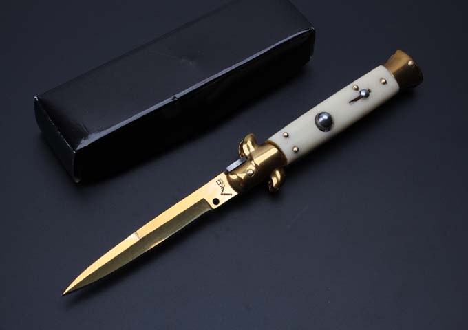 9 inches AKC Italy antique jump ivory handle knife Mafia (golden sword blade)