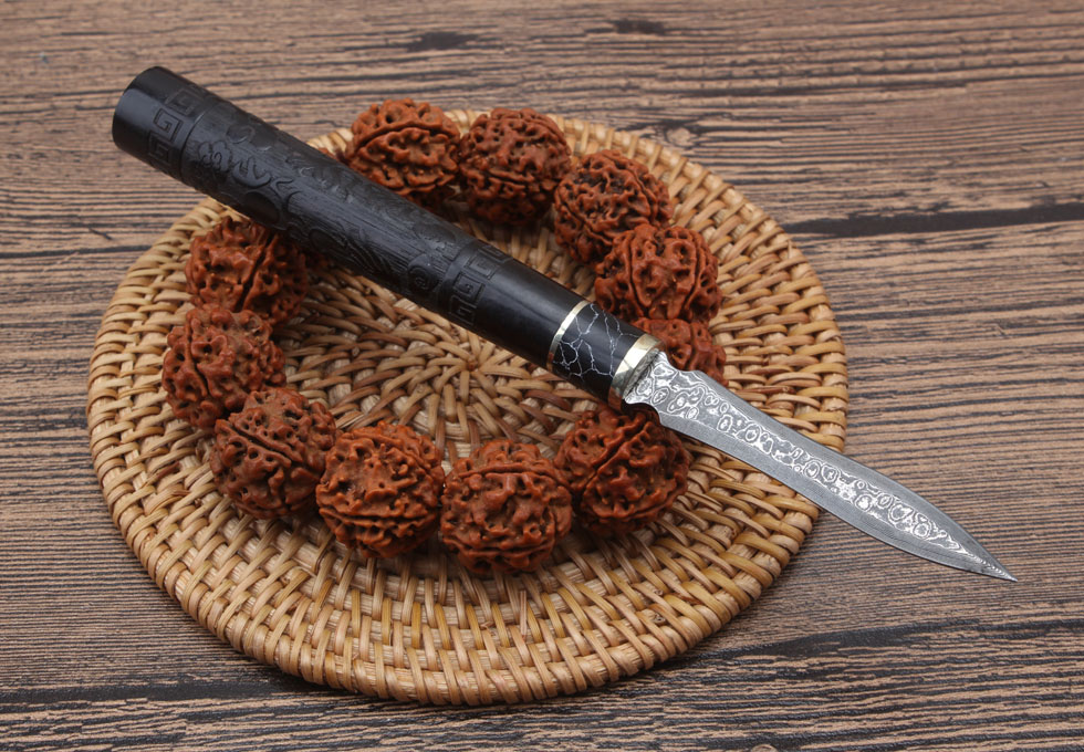 Damascen-ebony carved dragon tea knife
