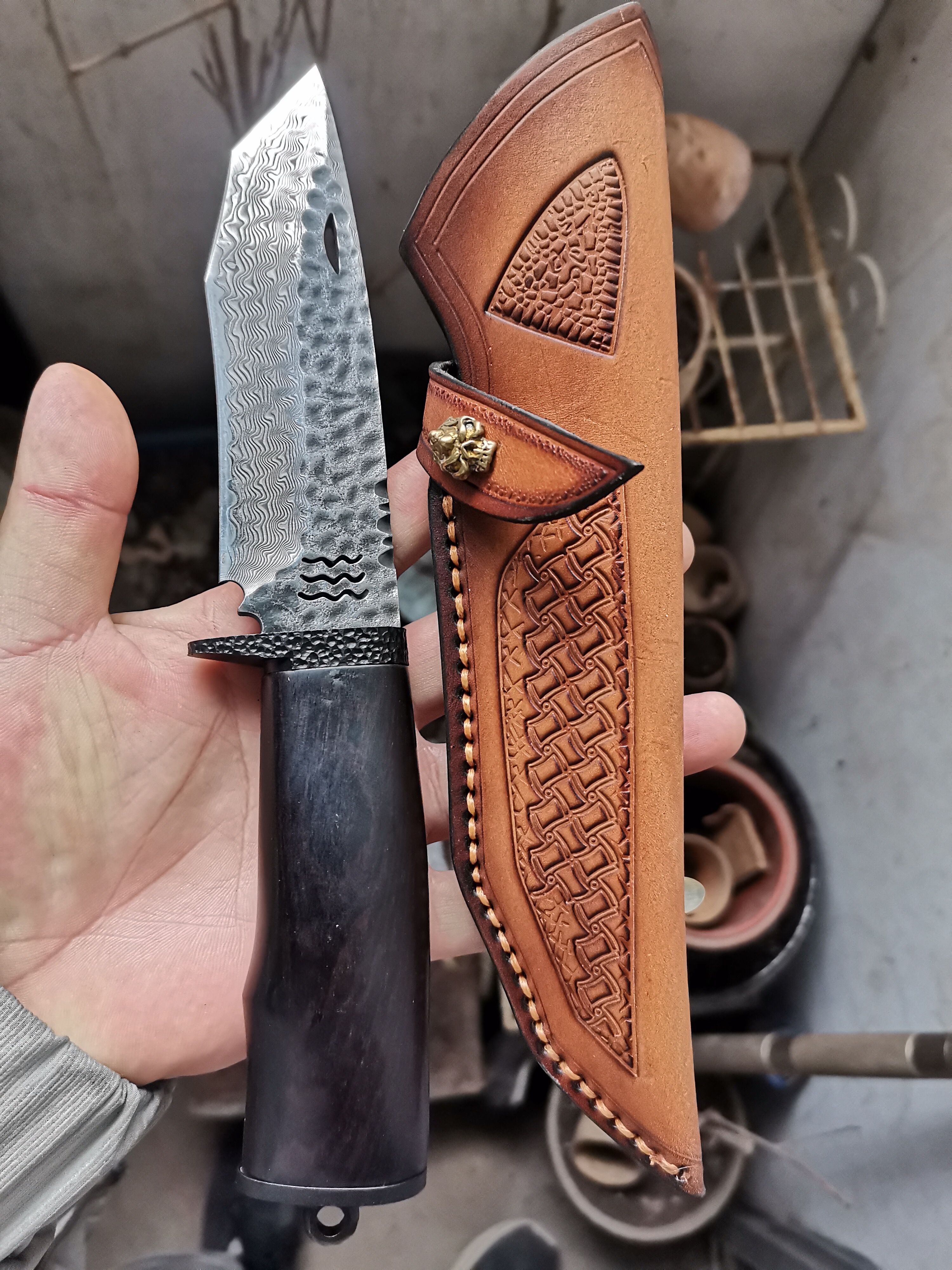 A handmade Damascus hunting knife